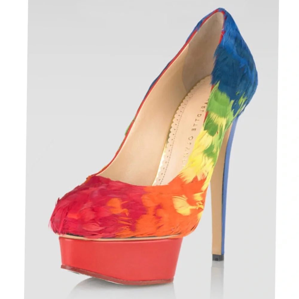 Charlotte Olympia Dolly Rainbow Feathered Pump